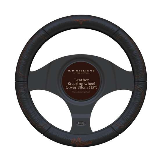 R.M.Williams Tan Leather Steering Wheel Cover, Black/Tan, 380mm, , scaau_hi-res