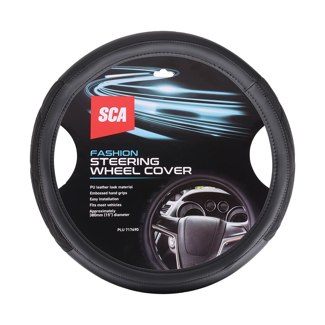 SCA Embossed Leather Look Steering Wheel Cover Black, , scaau_hi-res