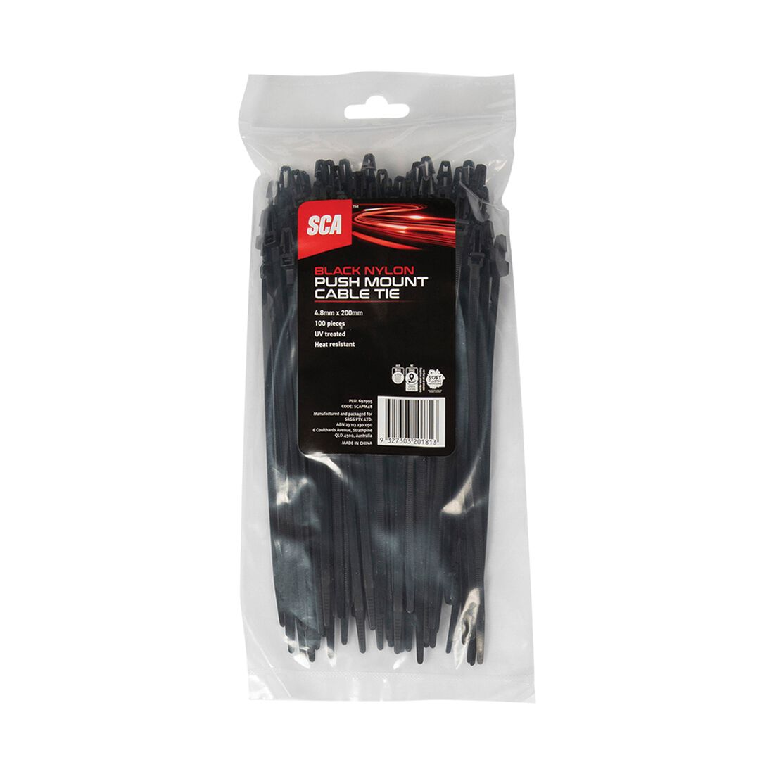 SCA Cable Tie Push Mount 4.8 X 200mm, Pack of 100, Black, , scaau_hi-res