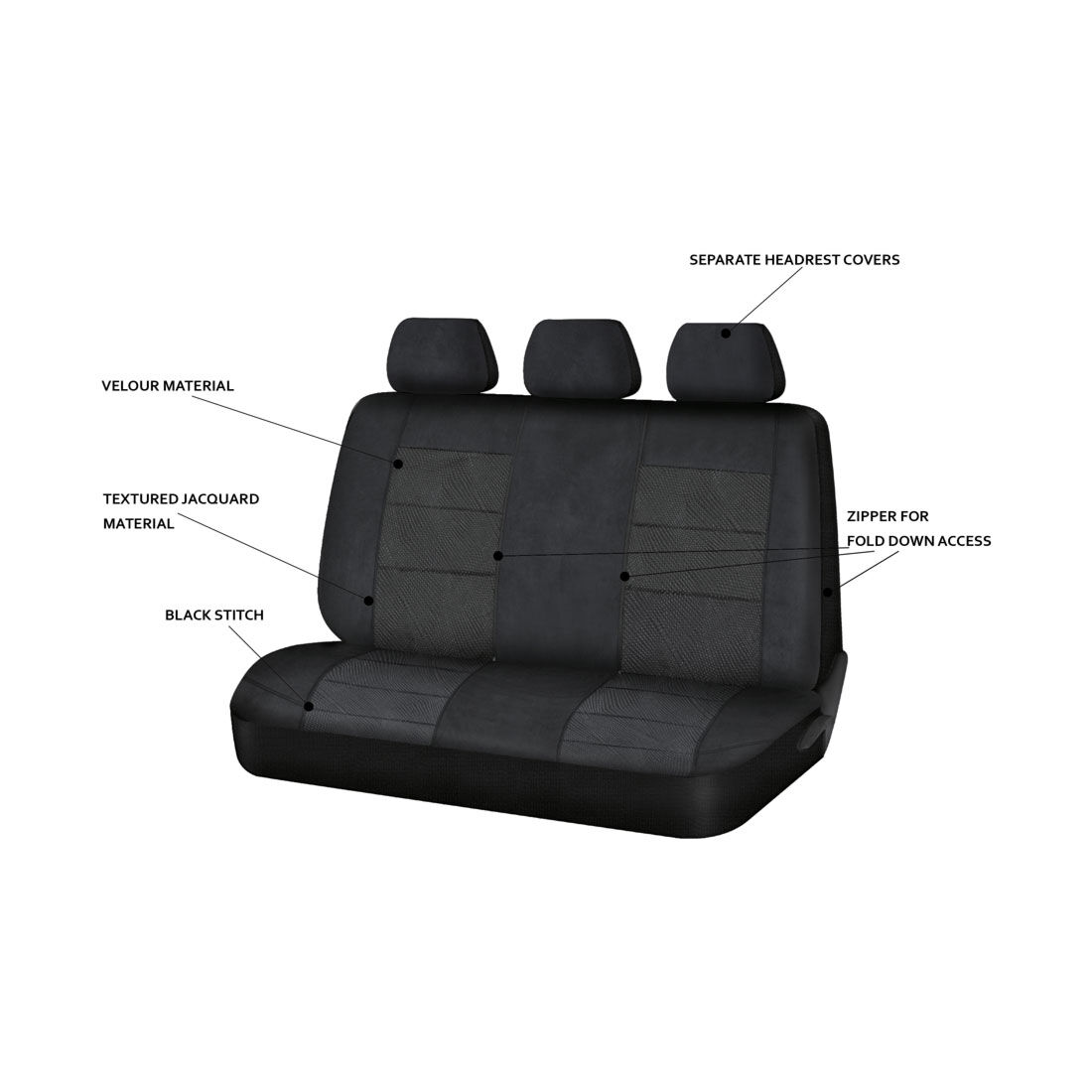 SCA Premium Jacquard and Velour Seat Covers Black Rear Seat Size Adjustable Zips 06H, , scaau_hi-res