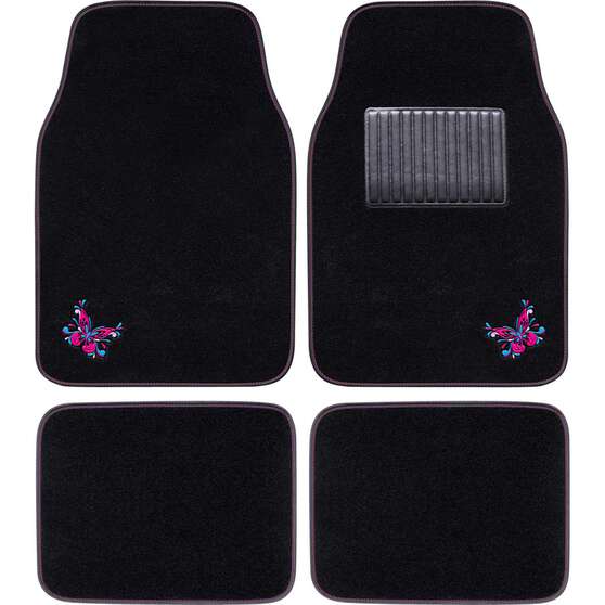 SCA Butterfly Carpet Car Floor Mats - Set of 4, Black/Pink/Blue, , scaau_hi-res