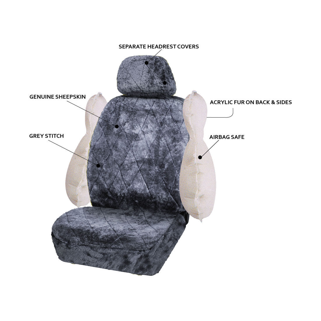 SCA Diamond Cut Sheepskin Single Seat Cover Slate Adjustable Headrests Airbag Compatible 30SAB, , scaau_hi-res