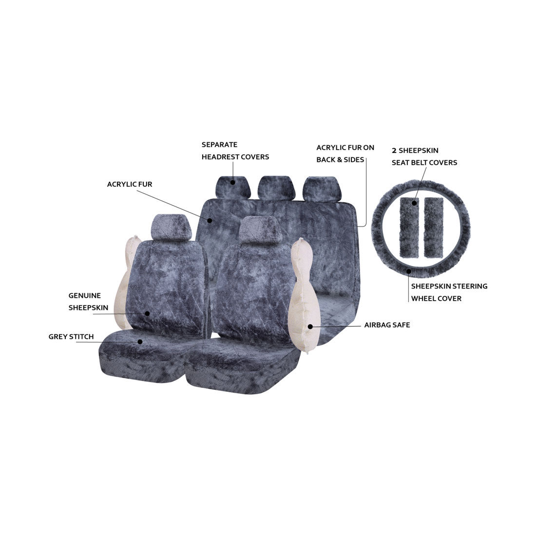SCA Sheepskin 6 Piece Pack Charcoal Front and Rear Airbag Compatible, , scaau_hi-res
