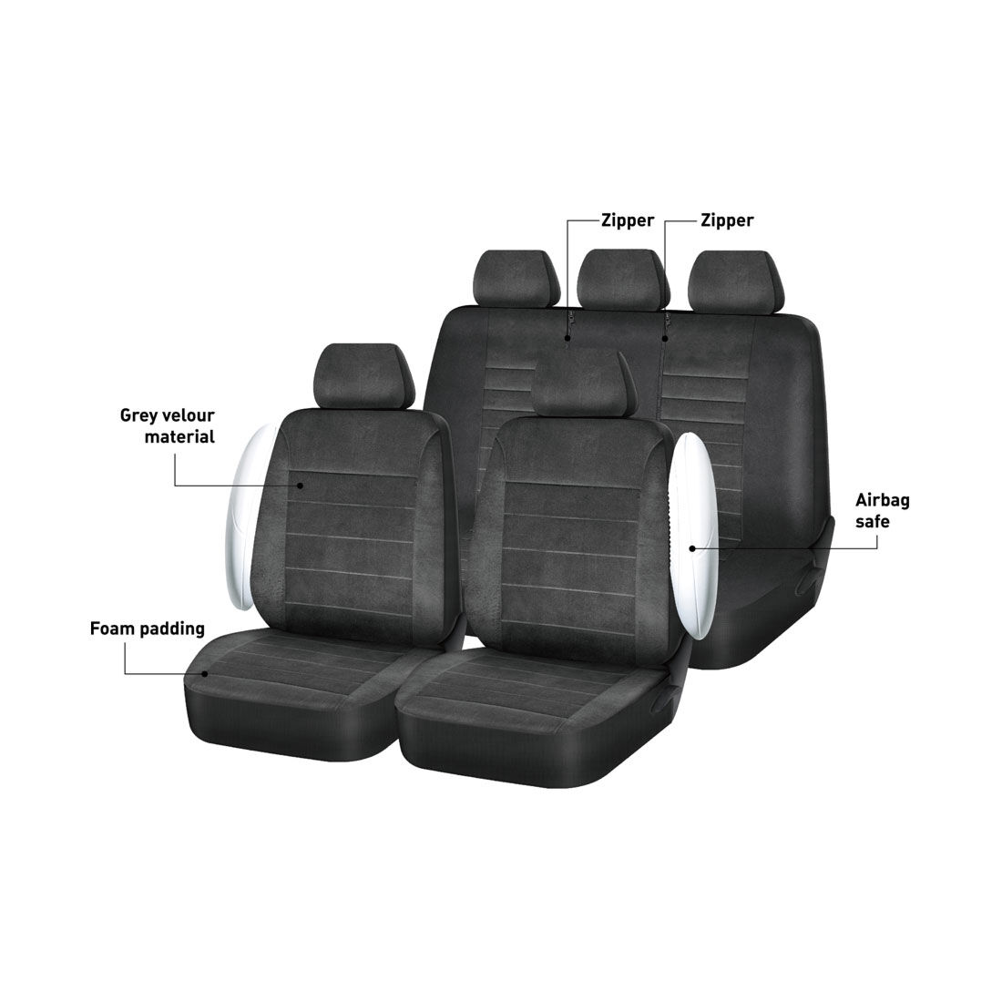 SCA Velour Executive Seat Cover Pack Grey Adjustable Headrests Airbag Compatible 30&06H SAB, , scaau_hi-res