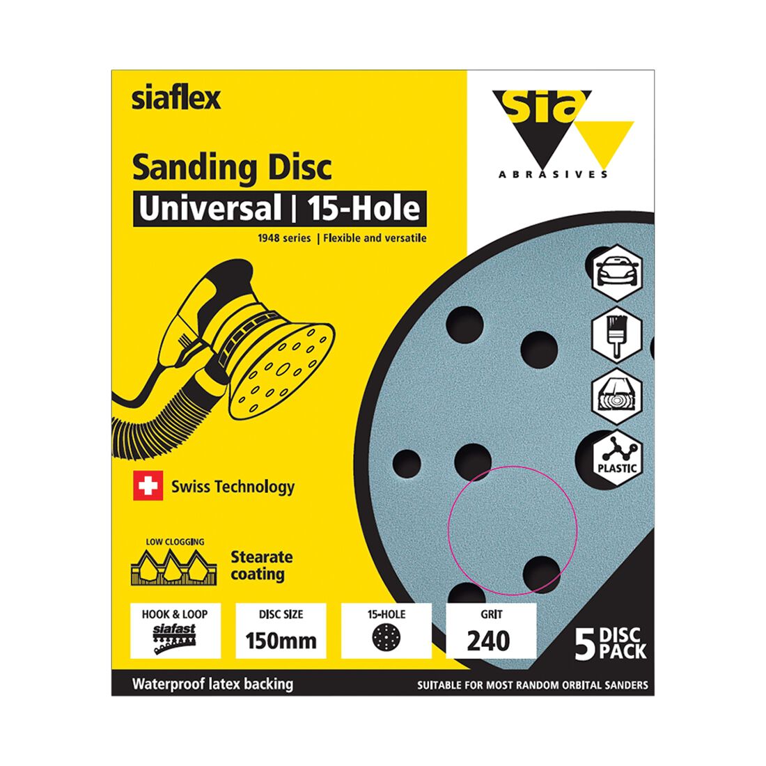 SIA Abrasives 150mm Wet & Dry Sanding Disc, 1948 Series, 8 Hole, 240 Grit, 5 Pack, , scaau_hi-res