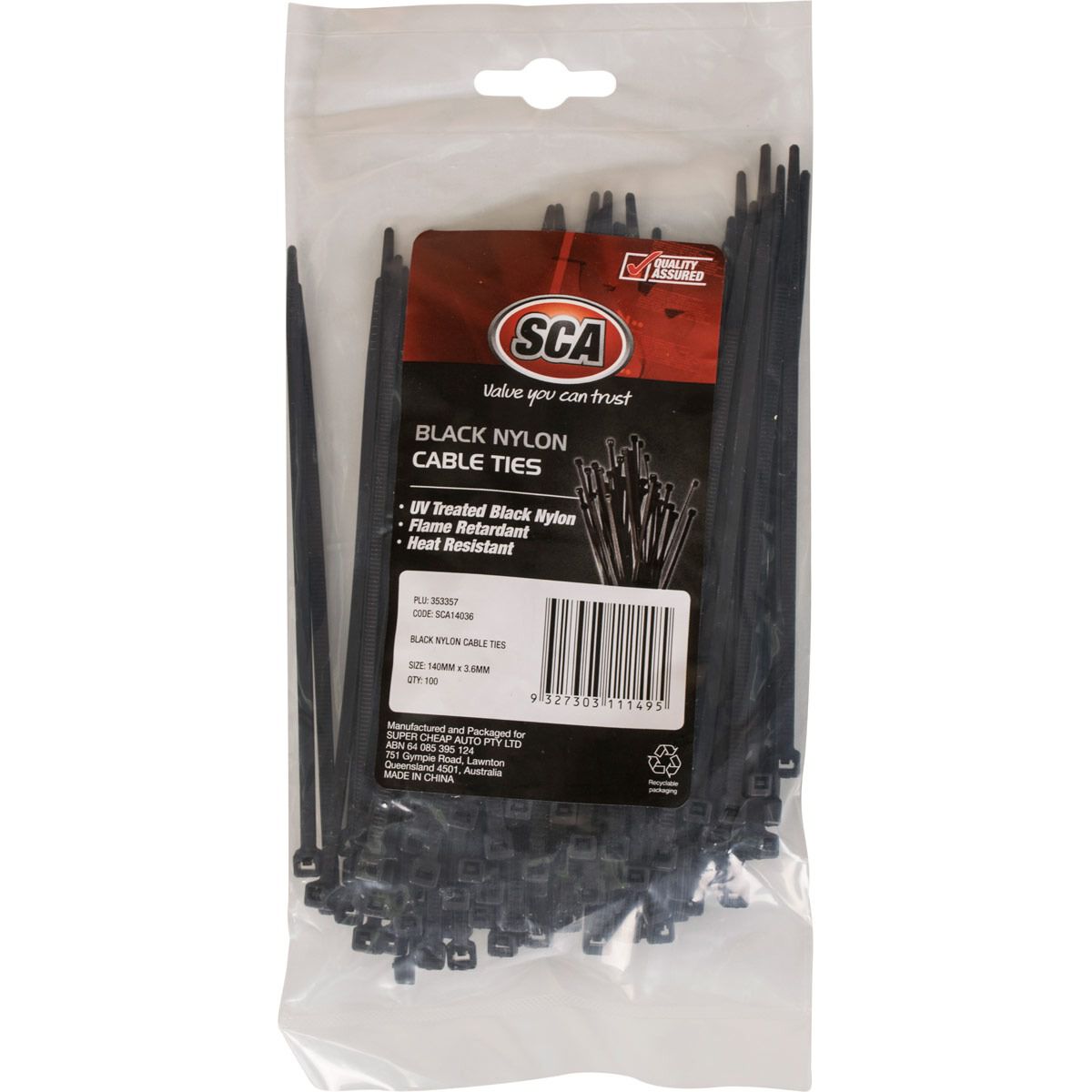 SCA Cable Ties - Black, 140mm x 3.6mm, 100 Pack, , scaau_hi-res