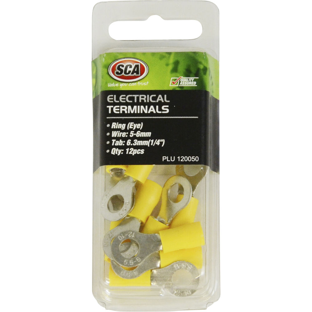 SCA Electrical Terminals Ring (Eye), Yellow, 6.3mm, 12 Pack