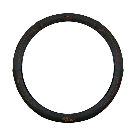 R.M.Williams Tan Leather Steering Wheel Cover, Black/Tan, 380mm, , scaau_hi-res