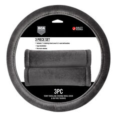 SCA Steering Wheel Cover & Seat Belt Buddies Set - Terry Towelling, Grey 380mm Diameter, , scaau_hi-res