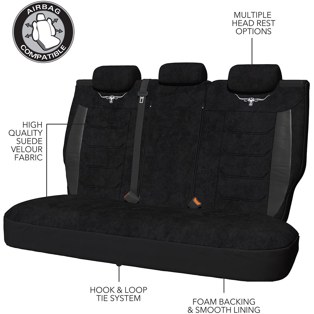 R.M.Williams Suede Velour Seat Covers Black Adjustable Headrests Size 06H Rear Seat, , scaau_hi-res