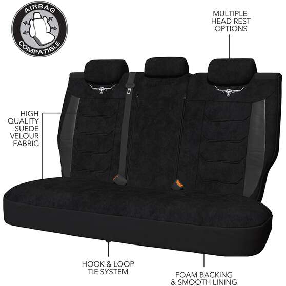 R.M.Williams Suede Velour Seat Covers Black Adjustable Headrests Size 06H Rear Seat, , scaau_hi-res
