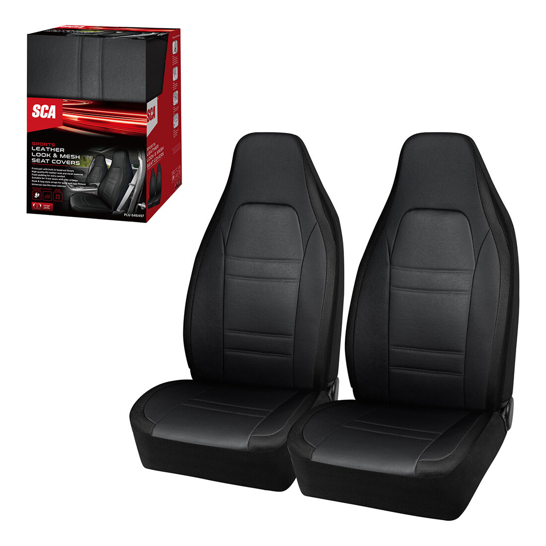 SCA Racing Leather Look & Mesh Seat Covers Black Airbag Compatible, , scaau_hi-res