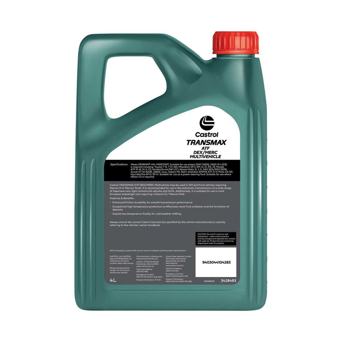 Castrol TRANSMAX ATF DEX/MERC MULTIVEHICLE -Auto Transmission Fluid - Dex III, 4 Litre, , scaau_hi-res
