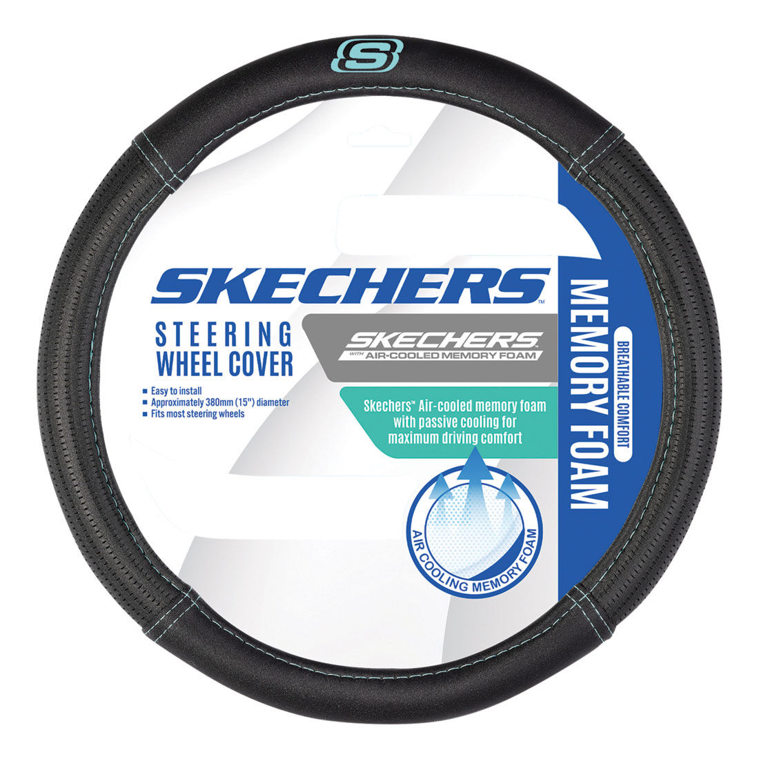 Skechers Air Cooled Memory Foam Steering Wheel Cover Black/Aqua 380mm diameter, , scaau_hi-res