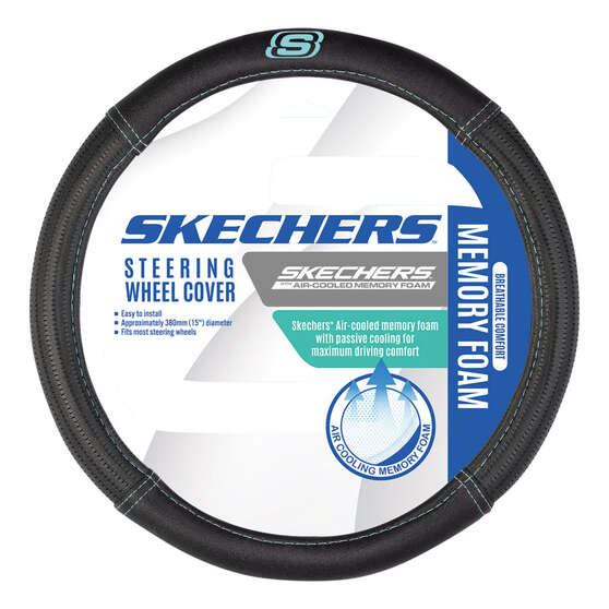Skechers Air Cooled Memory Foam Steering Wheel Cover Black/Aqua 380mm diameter, , scaau_hi-res