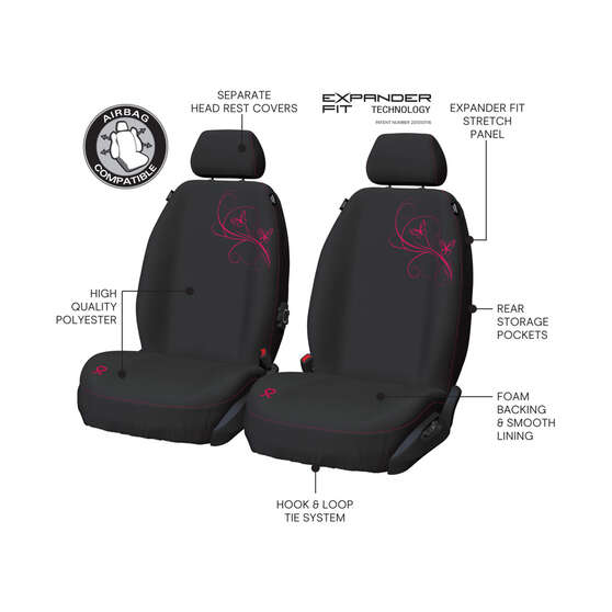 NBCF Pink Ribbon Seat Covers Black/Pink Adjustable Headrests Airbag Compatible, , scaau_hi-res
