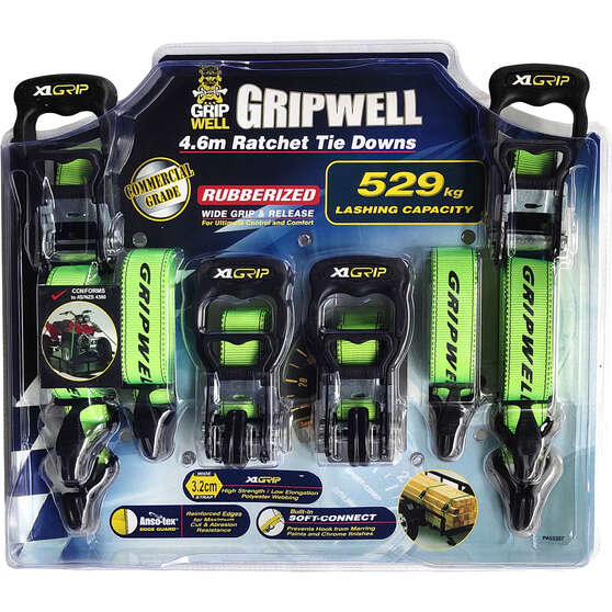 Grizzly Grip Ratchet Tie Down - 4.6m, 529kg, 4 Pack, , scaau_hi-res