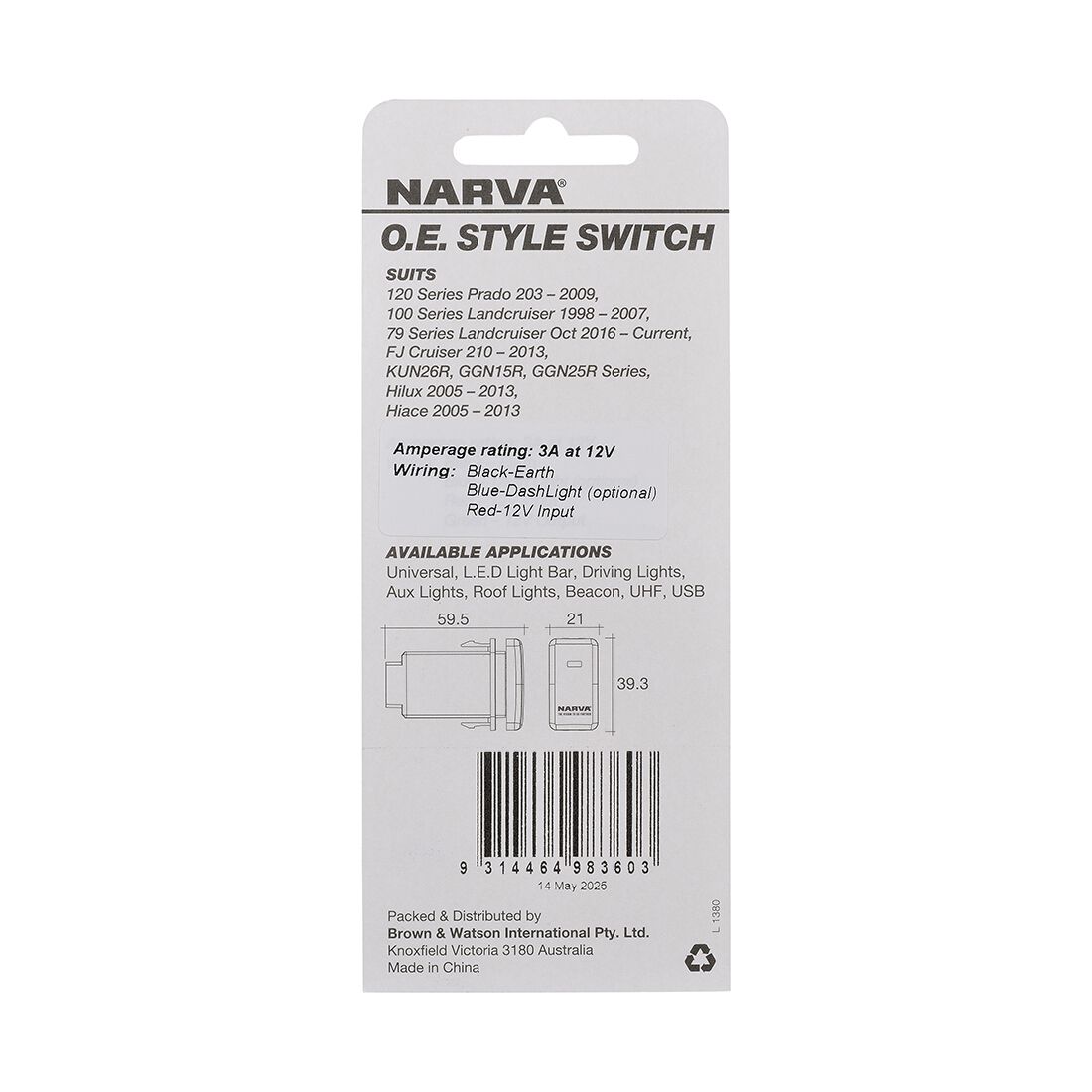 Narva OE Style Switch Toyota USB A/C - 39x21mm, , scaau_hi-res