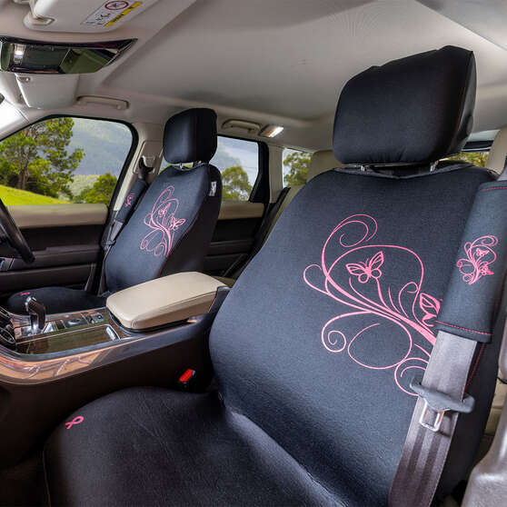 NBCF Pink Ribbon Seat Covers Black/Pink Adjustable Headrests Airbag Compatible, , scaau_hi-res