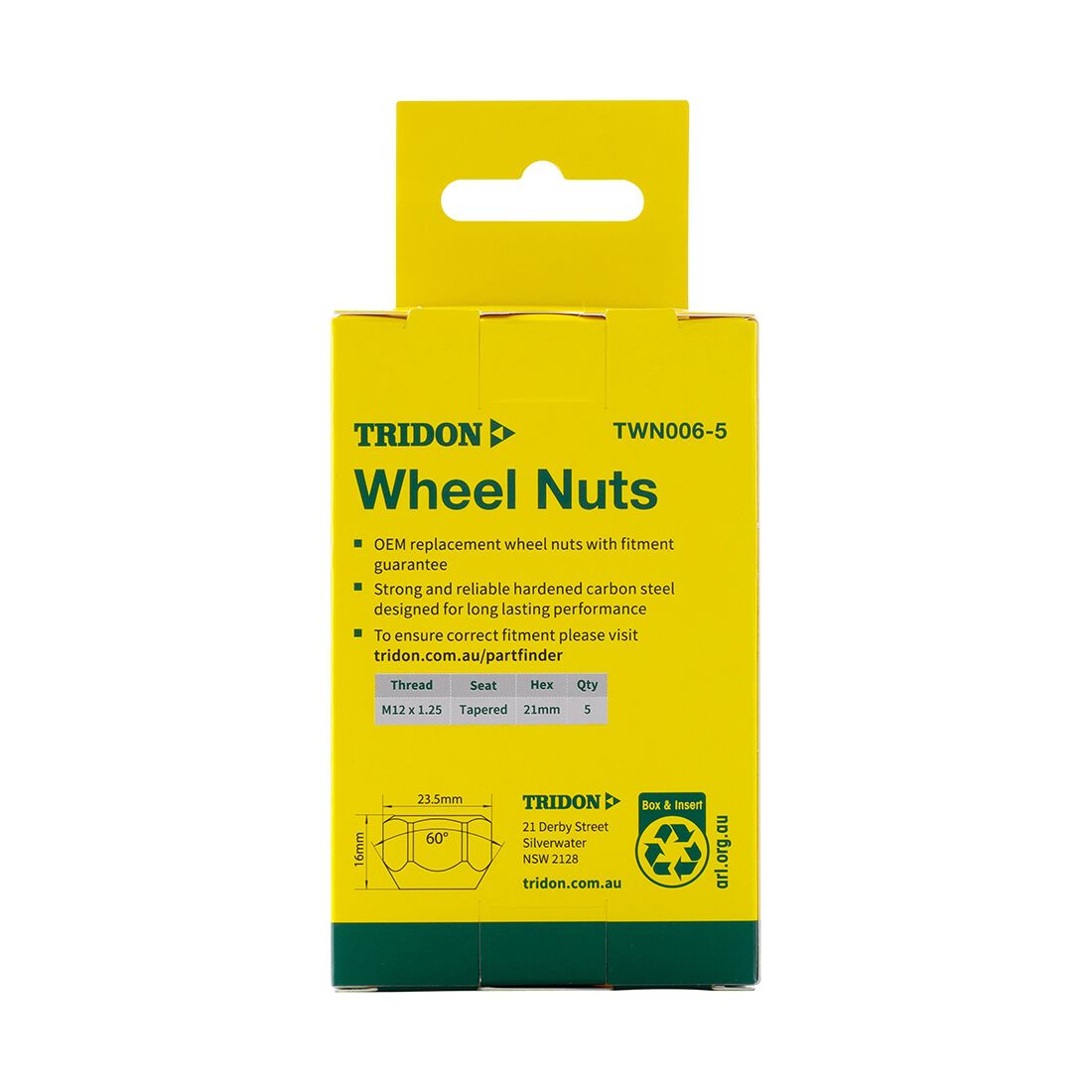 Tridon Wheel Nuts M12x1.25. Tapered Seat. Open Ended Nut. 21mm Hex, , scaau_hi-res