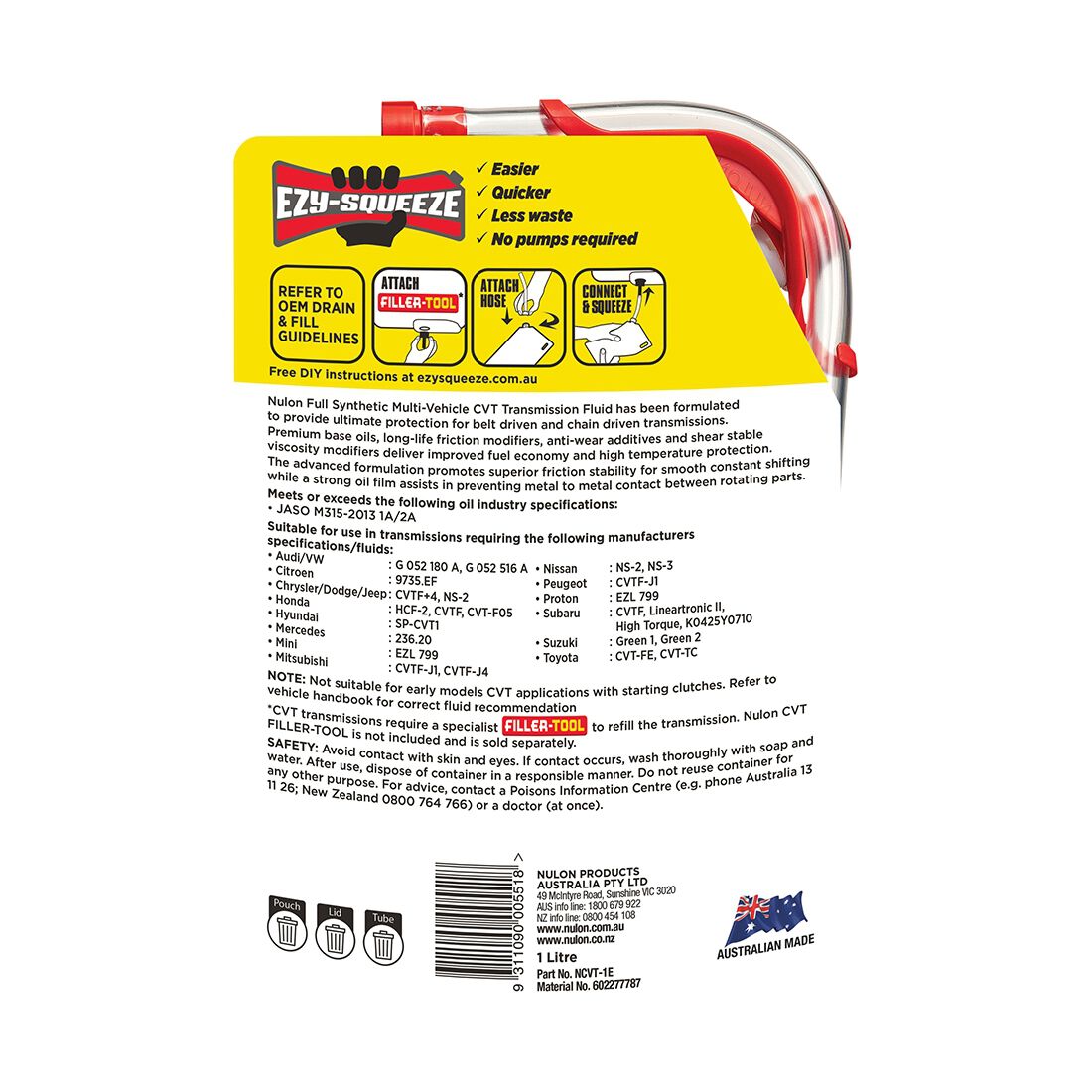 NULON EZY-SQUEEZE Multi-Vehicle CVT Transmission Fluid - 1 Litre, , scaau_hi-res