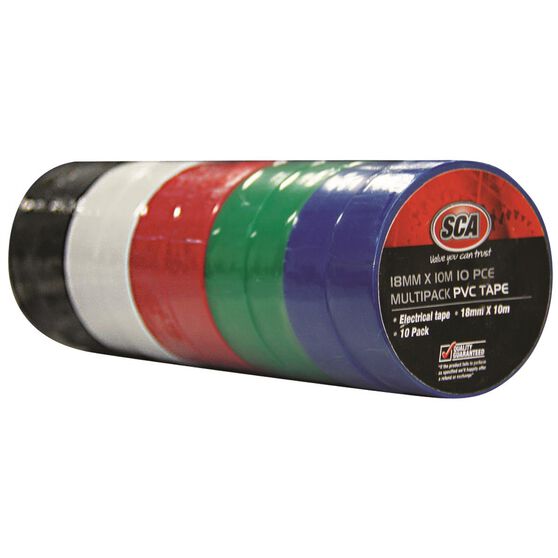 SCA PVC Electrical Tapes - Assorted Colour, 18mm x 10m, 10 Pack, , scaau_hi-res