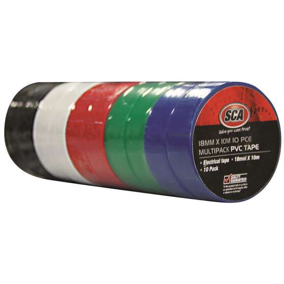 SCA PVC Electrical Tapes - Assorted Colour, 18mm x 10m, 10 Pack, , scaau_hi-res