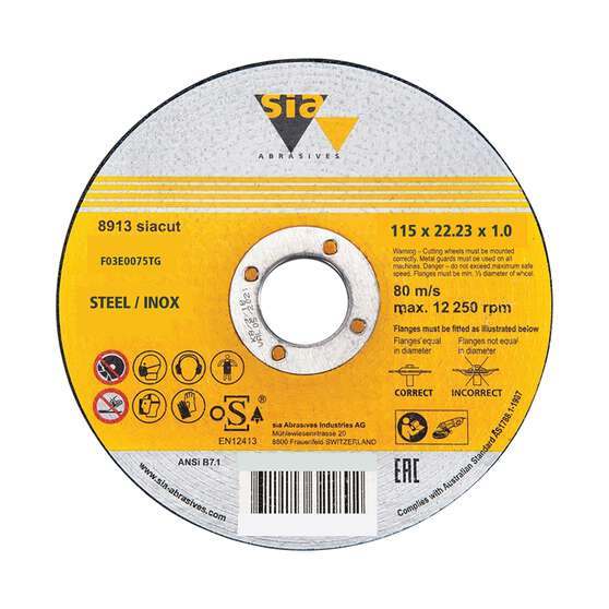 SIA Abrasives Metal Cutting Disc, 8913 Series, 115X1X22.2mm, Inox/Steel Bonded, , scaau_hi-res