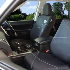 R.M.Williams Seat Cover Poly Canvas Seat Cover - Black/Grey Stitch Adjustable Headrest Airbag Compatible, , scaau_hi-res