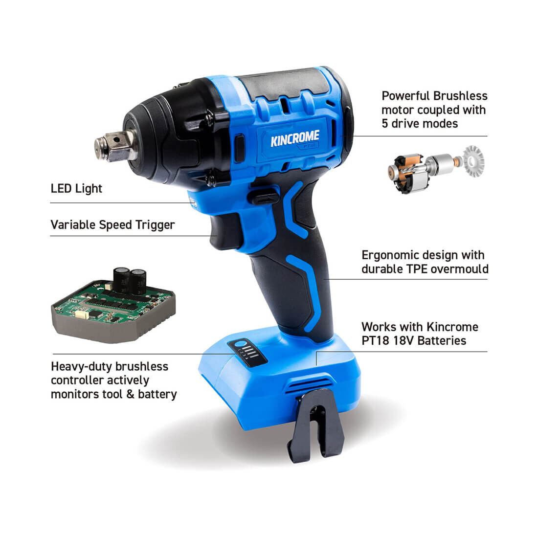 Kincrome PT18 18V Brushless 1/2" 370Nm Impact Wrench Skin, , scaau_hi-res