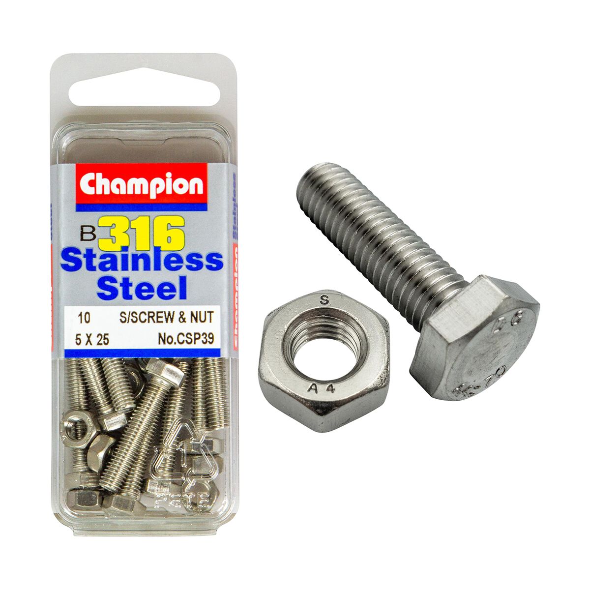 Champion Hex Set Screws & Nuts Stainless Steel M5x25mm & M5x0.8mm 316/A4, , scaau_hi-res