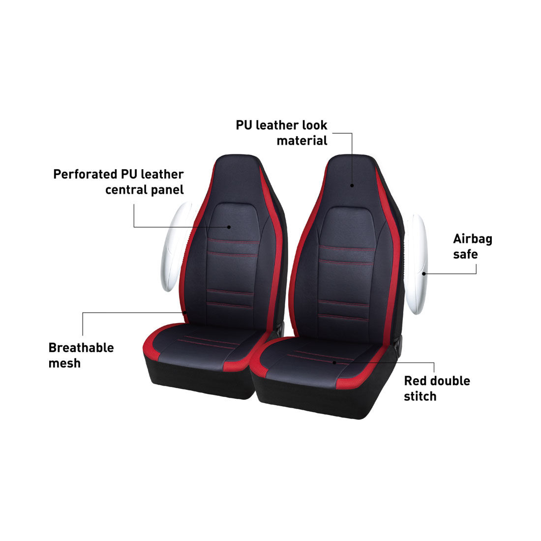 SCA Racing Leather Look & Mesh Seat Covers Black/Red Airbag Compatible, , scaau_hi-res
