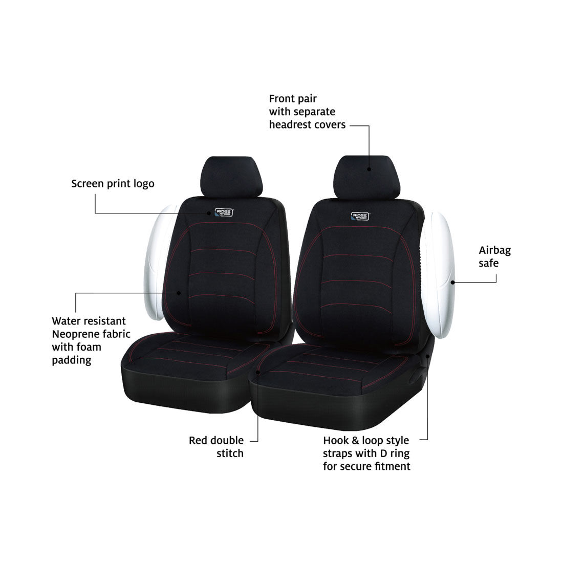 Ridge Ryder Neoprene Seat Covers Black/Red Adjustable Headrests Airbag Compatible 30SAB, , scaau_hi-res