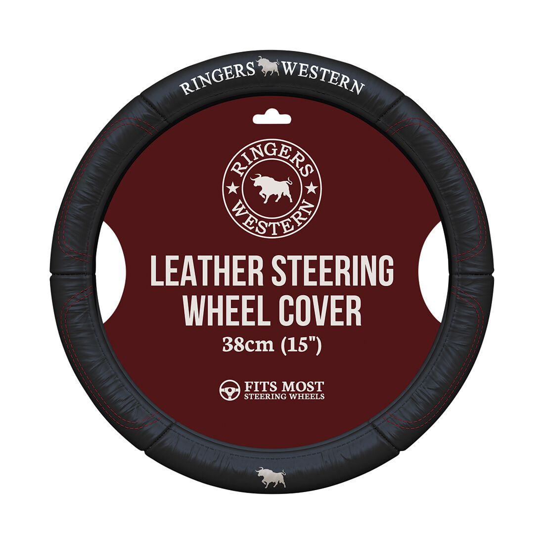 Ringers Western Signature Steering Wheel Cover - Leather Black 380mm, , scaau_hi-res