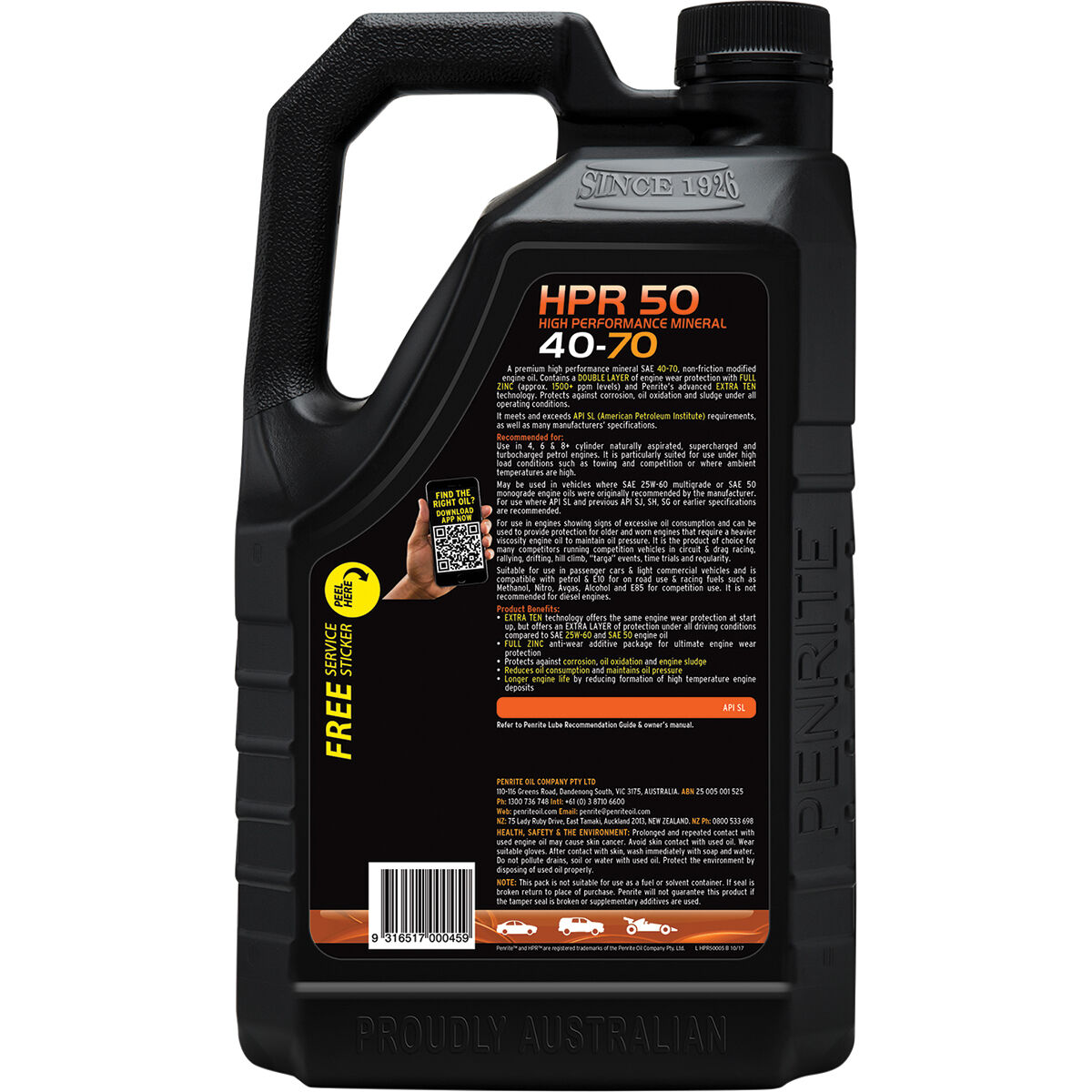 Penrite HPR 50 Engine Oil - 40W-70, 5 Litre, , scaau_hi-res
