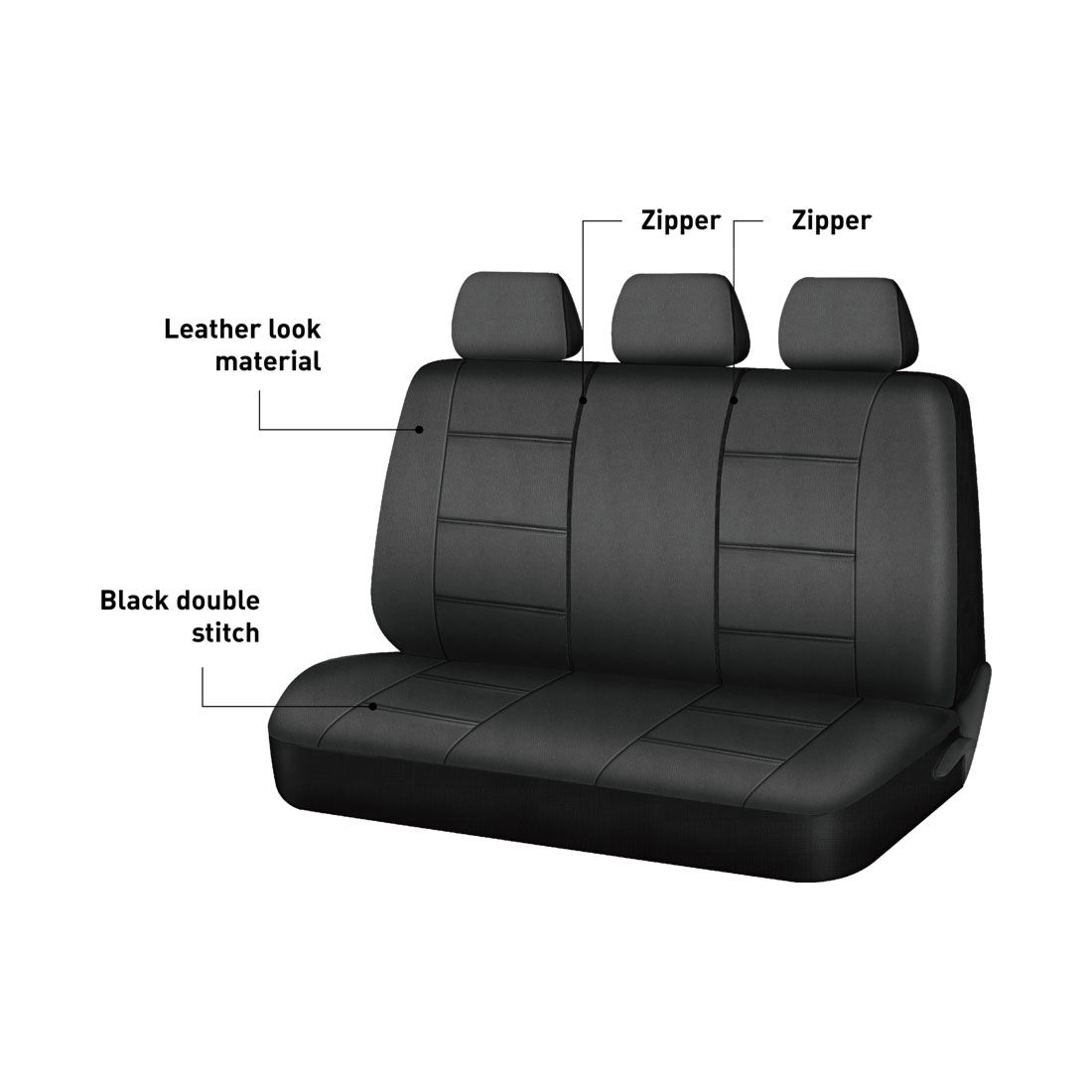 SCA Leather Look Seat Covers Black Adjustable Headrests Rear Bench 06H, , scaau_hi-res