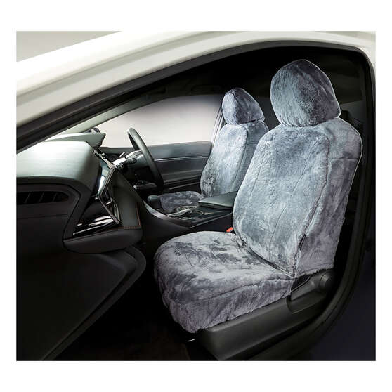 Silver CLOUDLUX Sheepskin Seat Covers - Grey Adjustable Headrests Size 30 Front Pair Airbag Compatible, , scaau_hi-res
