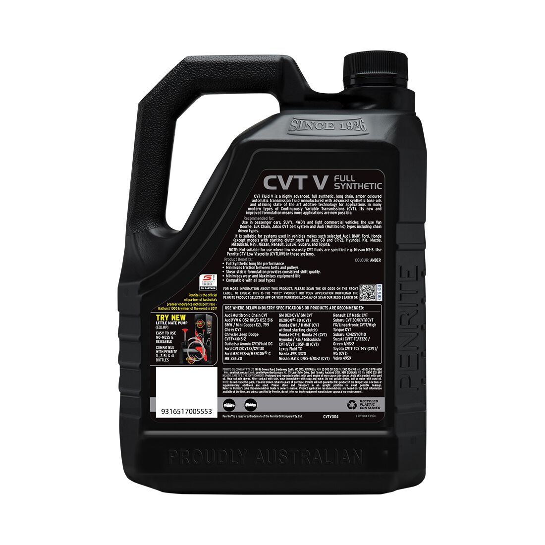 Penrite CVT Fluid - V Full Synthetic, 4 Litre, , scaau_hi-res