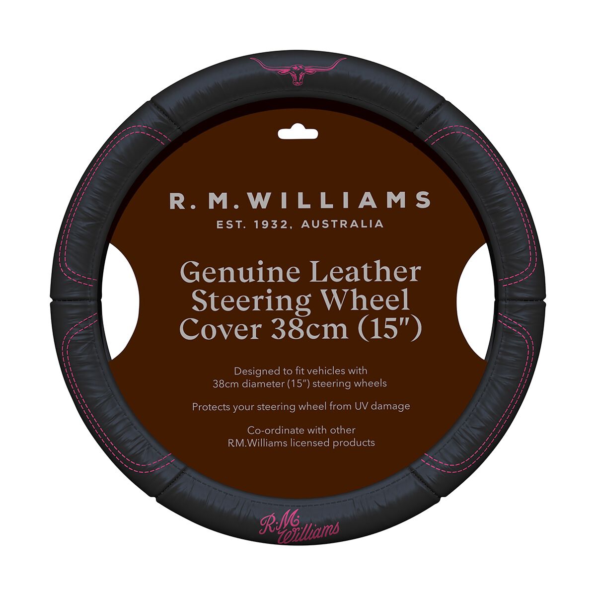 R.M.Williams Jillaroo Steering Wheel Cover - Leather, Black and Pink, 380mm diameter, , scaau_hi-res