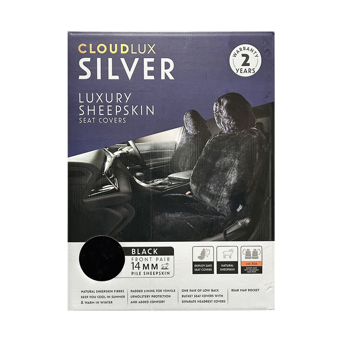 Silver CLOUDLUX Sheepskin Seat Covers - Black Adjustable Headrests Size 30 Airbag Compatible, , scaau_hi-res