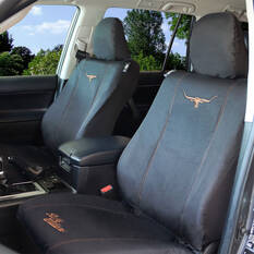 R.M.Williams Tan Poly Canvas Seat Covers, Black/Tan, Adjustable Headrests, Airbag Compatible, , scaau_hi-res
