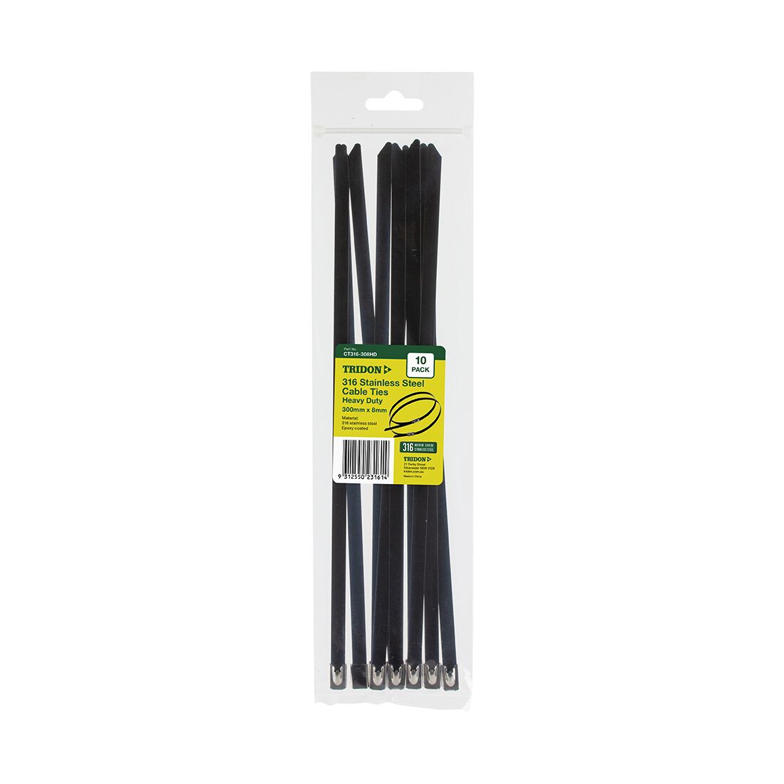 Tridon 316 Stainless Steel Cable Ties - Black Epoxy Coated, 300mm x 8mm, 10 Pack - CT316-308HD, , scaau_hi-res