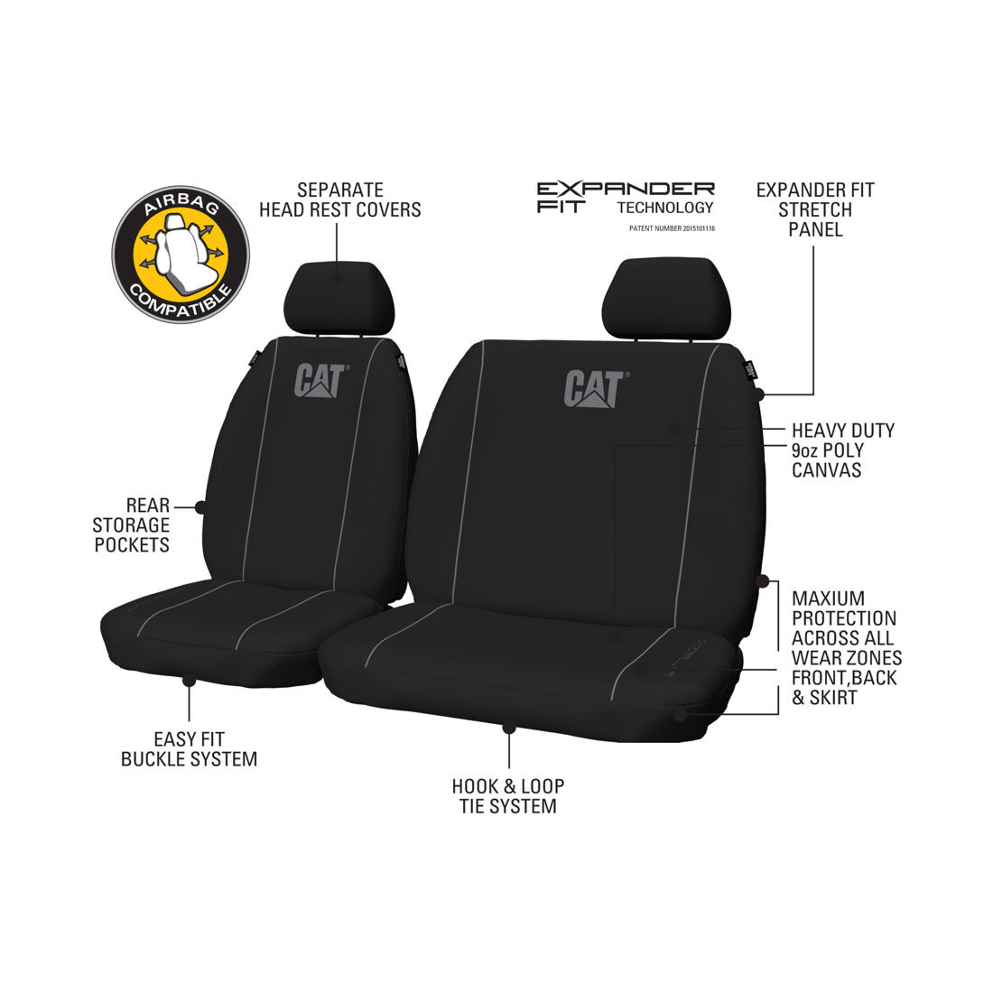 CAT Poly Canvas Seat Covers Black/Grey Adjustable Headrests Size 301 Front Bucket and Bench (W/Out Cut Out) Air Bag Compatible, , scaau_hi-res
