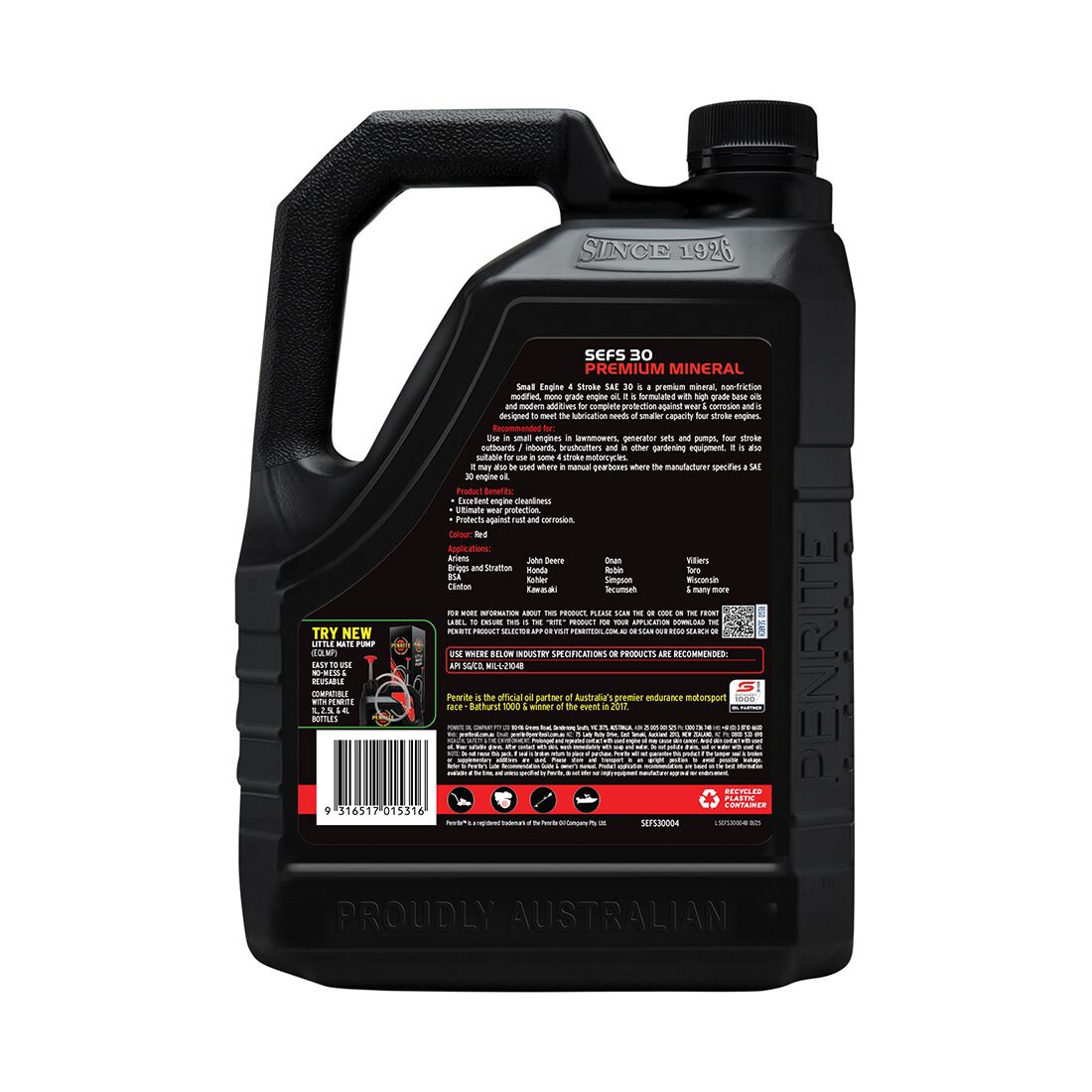 Penrite Small Engine 4 Stroke Engine Oil SAE 30 4 Litre, , scaau_hi-res