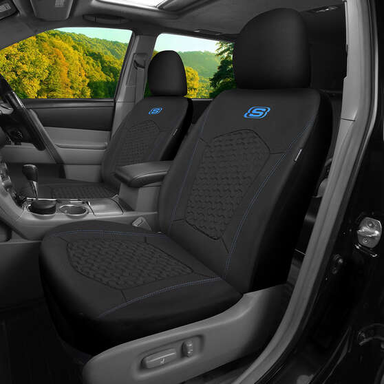 Skechers Gel Memory Foam Seat Covers Black/Blue Adjustable Headrests Airbag Compatible 30SAB, , scaau_hi-res