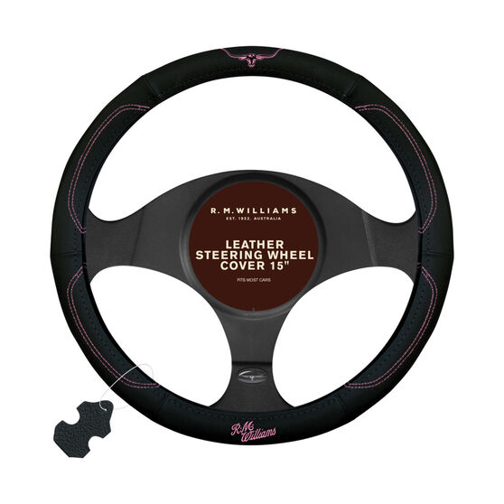 R.M.Williams Jillaroo Steering Wheel Cover - Leather, Black and Pink, 380mm diameter, , scaau_hi-res