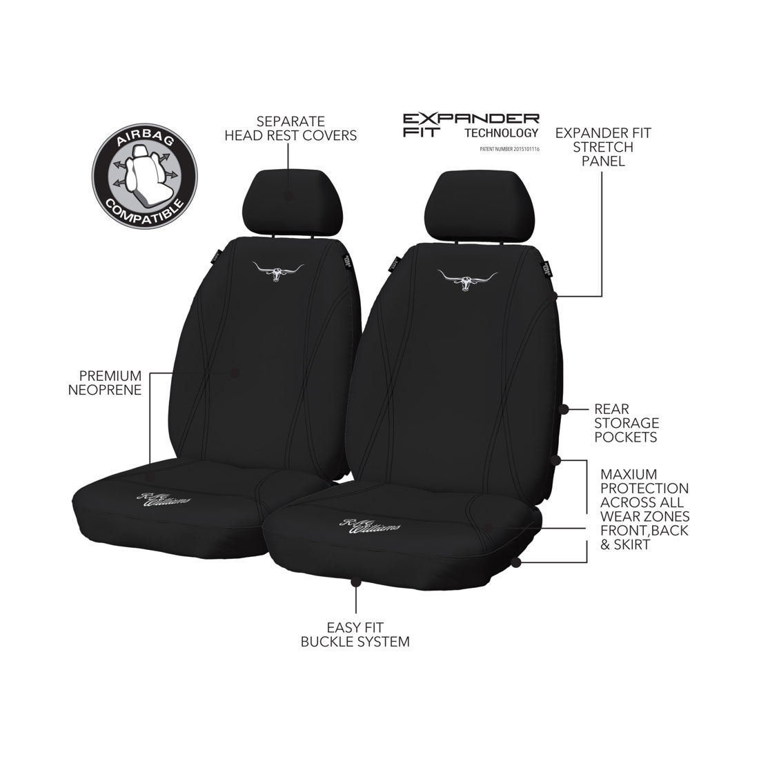 R.M.Williams Neoprene Seat Cover Black Adjustable Headrests Size 30 Front Pair Airbag Compatible, , scaau_hi-res