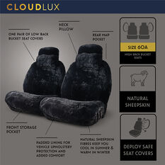 Platinum CLOUDLUX Sheepskin Seat Covers - Black Built-in Headrests Size 60 Front Pair Airbag Compatible Black, Black, scaau_hi-res