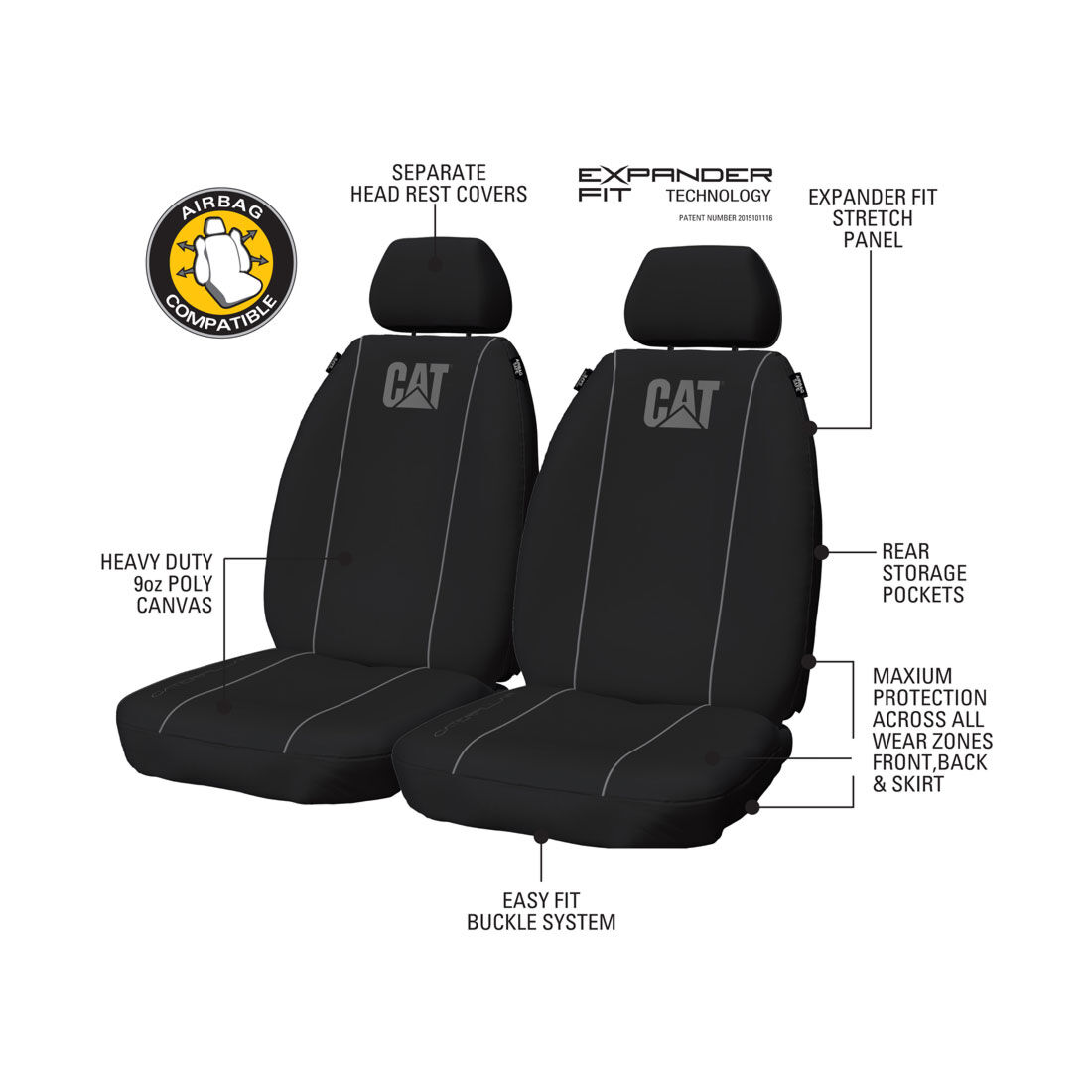 CAT Poly Canvas Seat Covers Black/Grey Adjustable Headrests Size 30 Front Pair Airbag Compatible, , scaau_hi-res