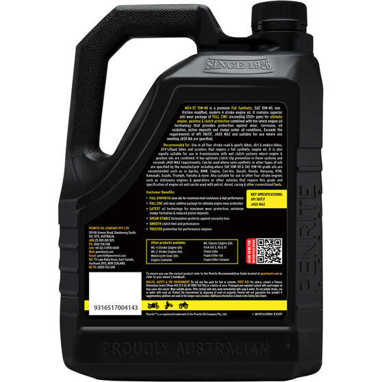Penrite MC-4 Synthetic Motorcycle Oil - 10W-40 , 4 Litre, , scaau_hi-res